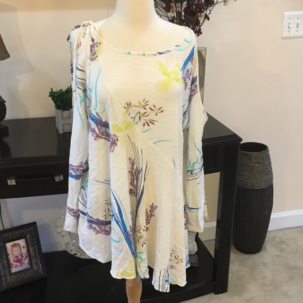 Free People Floral Print Mini Dress - Cream and Blue